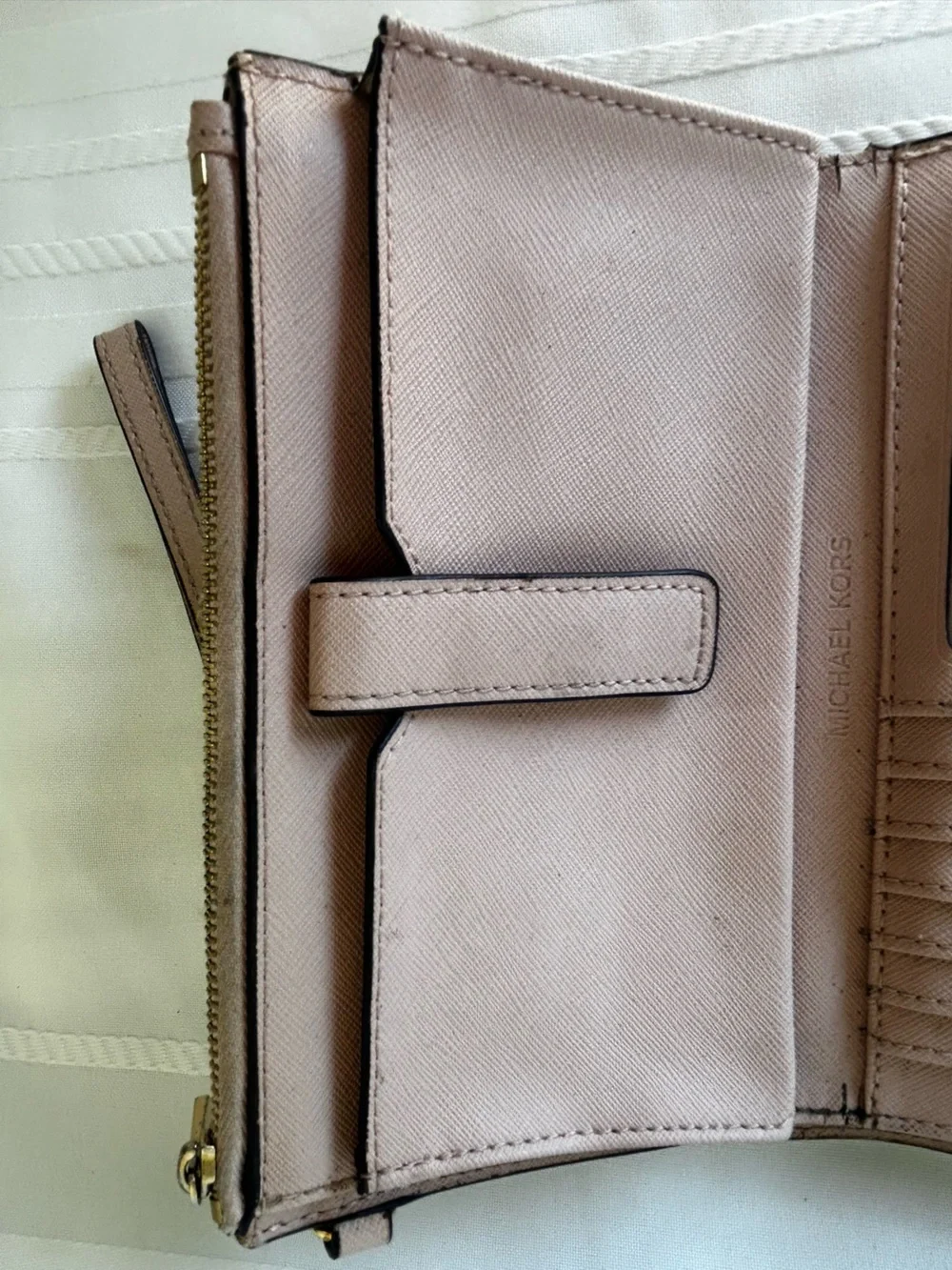 Michael Kors Jet Set Doubke Zip Wristlet Saffiano Leather Card Wallet Pink Gold